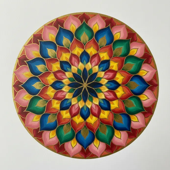Small circular mandala built from repeating single tear drop petals painted outward from a center dot.