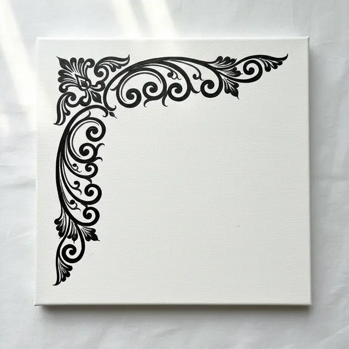 Painted black scrollwork forming a curved decorative accent meant for framing canvas corners.