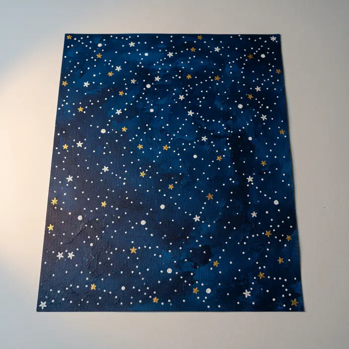 Cluster of tiny white star motifs painted repetitively over a dark blue background wash.