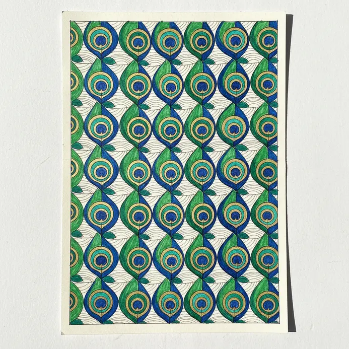 Stylized study of repeated peacock feathers with distinct eye patterns drawn on paper.