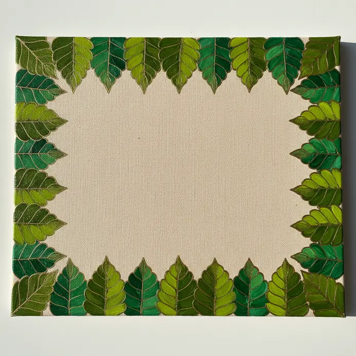 Green acrylic paint forming a simple repeating leaf motif border along a canvas edge.