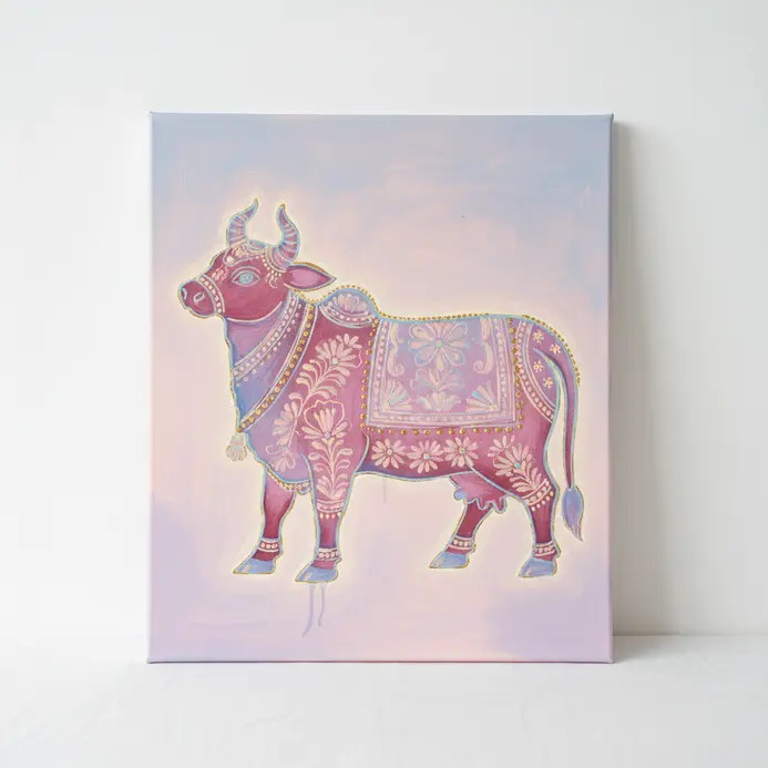 Light pink and blue pastel acrylic silhouette of a cow figure on a canvas background.