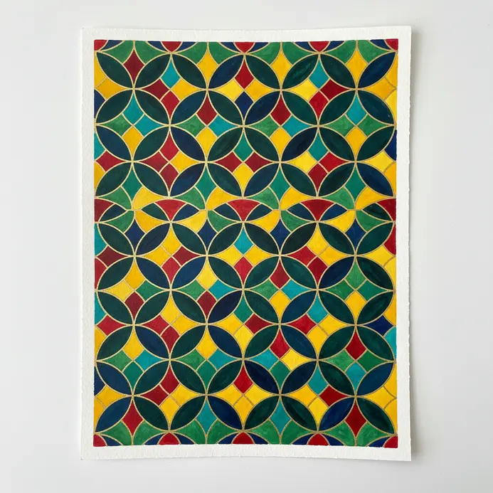 Gridwork layout filled with repeating geometric lotus petal shapes painted on a flat surface.