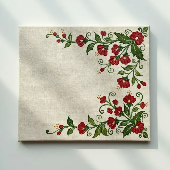 Delicate green vines and red flowers painted as an accent in the corner of a textured canvas.