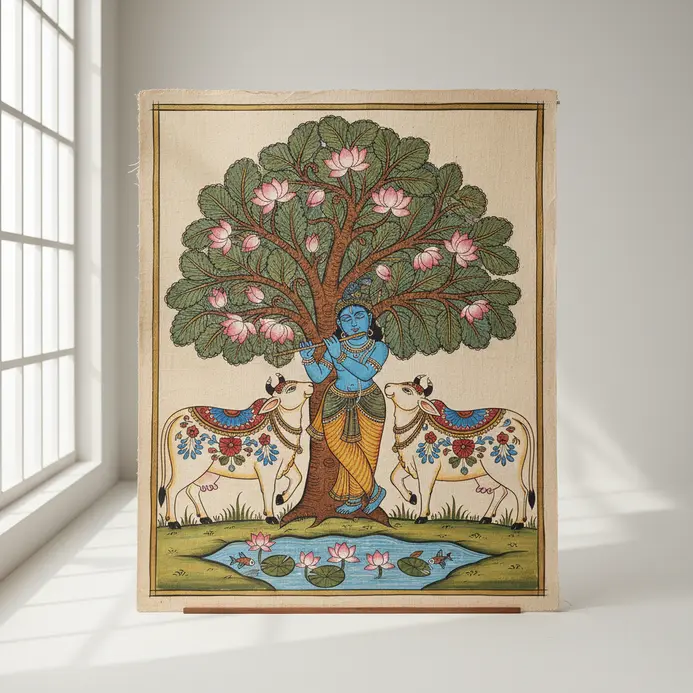 Close up painting of a highly stylized Shrinathji eye with thick black outlines and vibrant accents.