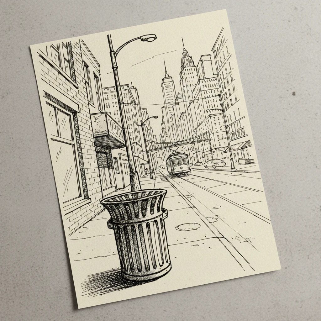 A linear perspective drawing of an urban environment with receding buildings.