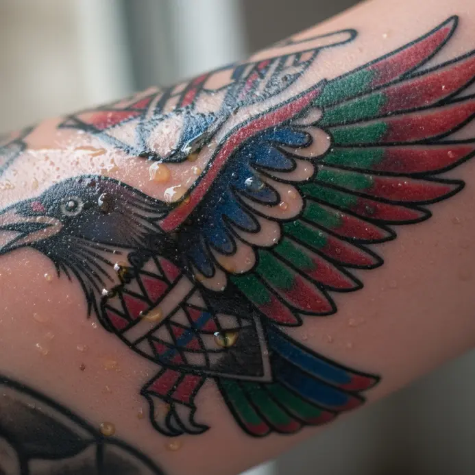 A detailed view of a new tattoo on day three showing a shiny, wet surface with clear plasma and slight ink seepage.