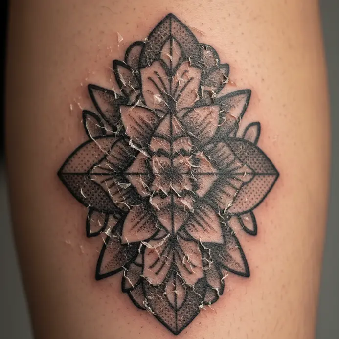 A tattoo at the two-week mark with flaking, peeling skin and a dry, textured appearance.