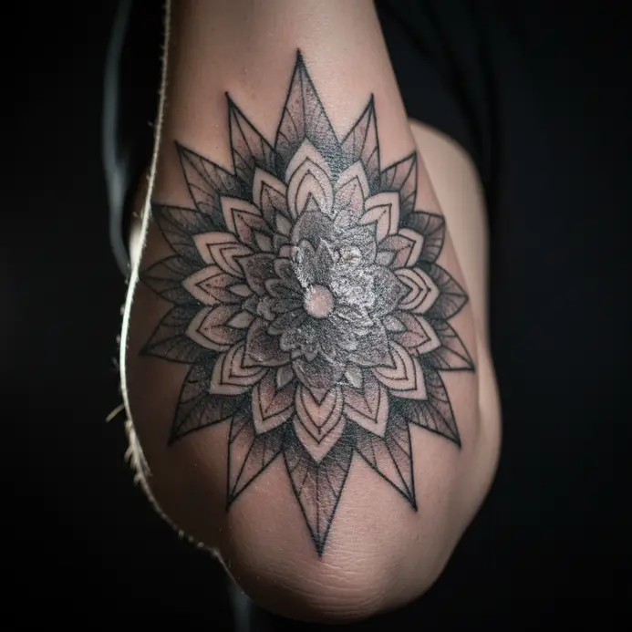 A tattoo placed over a joint, highlighting the unique wrinkles and extended healing required in mobile areas.