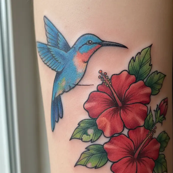 A tattoo at four weeks with small, faded areas indicating it is ready for a quick color or line touch-up.