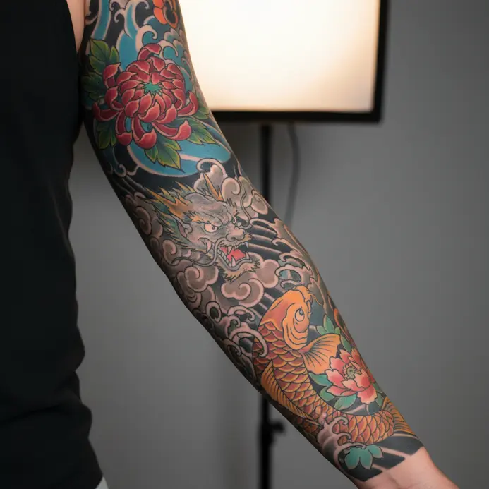 An arm tattoo sleeve with distinct sections at various stages of healing from different session dates.
