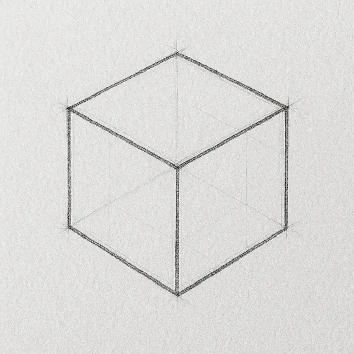 A cube sketch with the outer edges darkened in pen or pencil, while light guide marks remain faint on white paper.