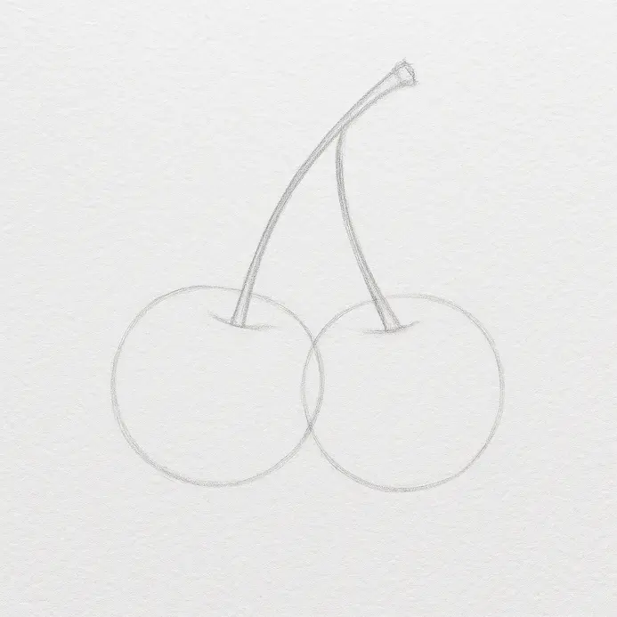 Two overlapping cherry circles with curved stems rising and meeting above them in a shallow V shape.