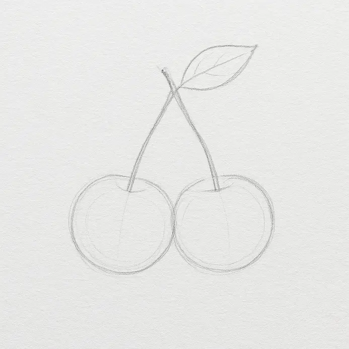 A pencil sketch of two cherries with inward-curving stems and a small leaf attached at the stem junction.