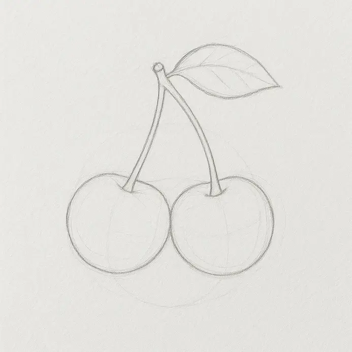 Two cherries with smoother outlines, a slight top dimple on each fruit, curved stems, and one leaf.