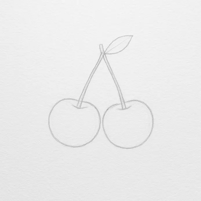 A cleaner pencil drawing of two cherries with overlap lines erased where the fruit touches, leaving the stems and leaf intact.