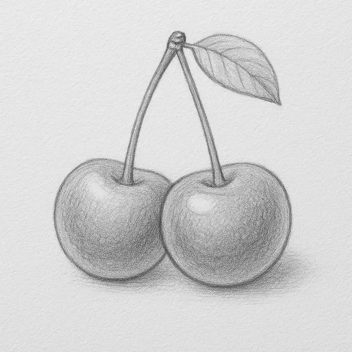 A refined cherry drawing with bold clean outlines, curved stems, a small leaf, highlights, and light shading on white paper.
