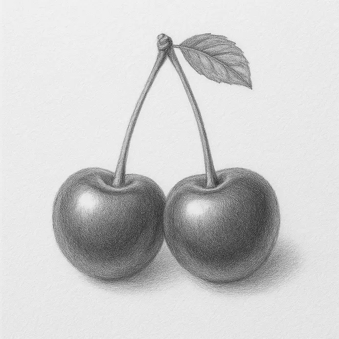 A finished cherry drawing colored red with green stems and leaf, plus soft shading and small white highlight areas.