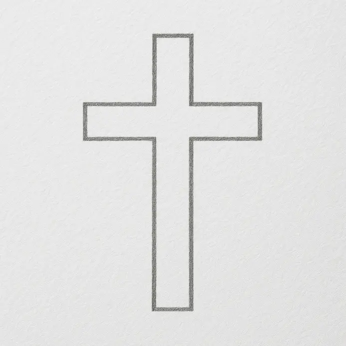 A black fineliner traces over the pencil outline, creating a permanent, crisp, and uniform line drawing of the cross.