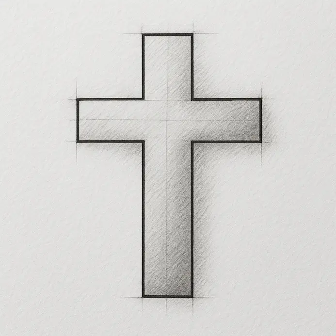The entire cross shape is filled with a flat, uniform layer of light grey colored pencil, establishing a base tone.