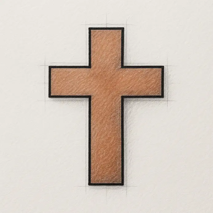 A white colored pencil or eraser adds a sharp highlight to the left edges of the cross, enhancing the three-dimensional effect.