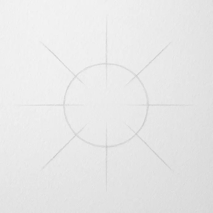 A pencil sketch showing a central circle with short, radiating lines around it to indicate petal positions.
