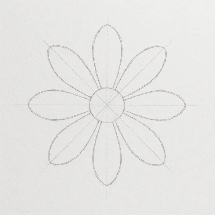 Light pencil ovals and teardrop shapes added around the center, following the radiating guidelines.