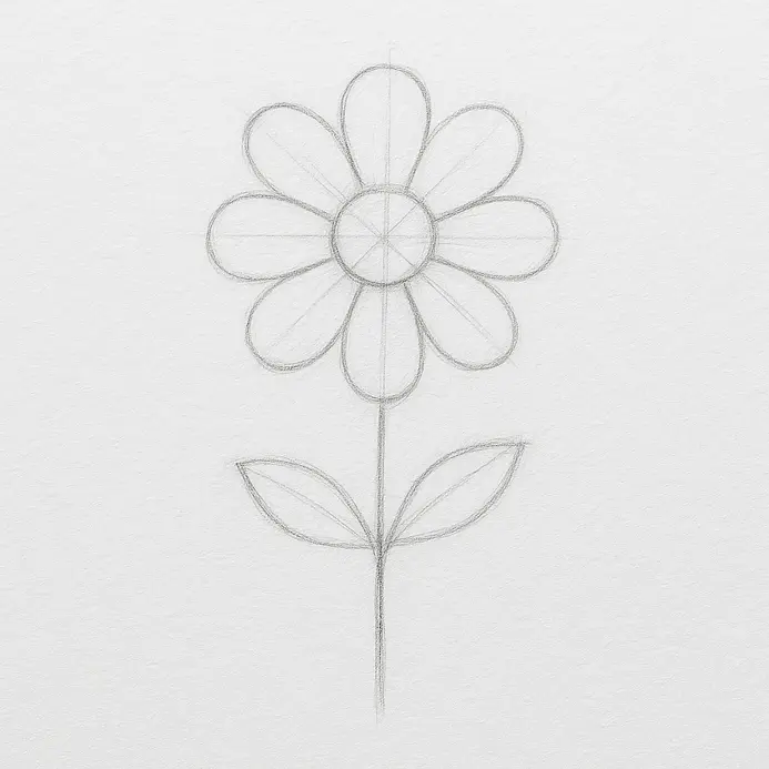 A pencil drawing with a flower center and petals, plus parallel lines for a stem and basic ovals for leaves.