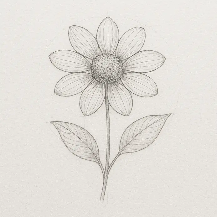 A flower drawing with confident, dark pencil outlines, showing thicker lines at petal bases and thinner at tips.