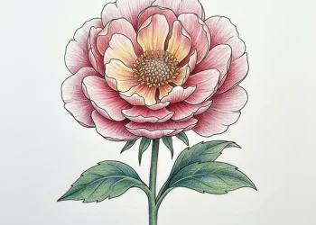 A finished pencil and ink drawing of a realistic flower with shaded petals and colored details on white paper.