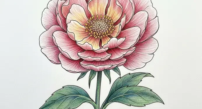 A finished pencil and ink drawing of a realistic flower with shaded petals and colored details on white paper.