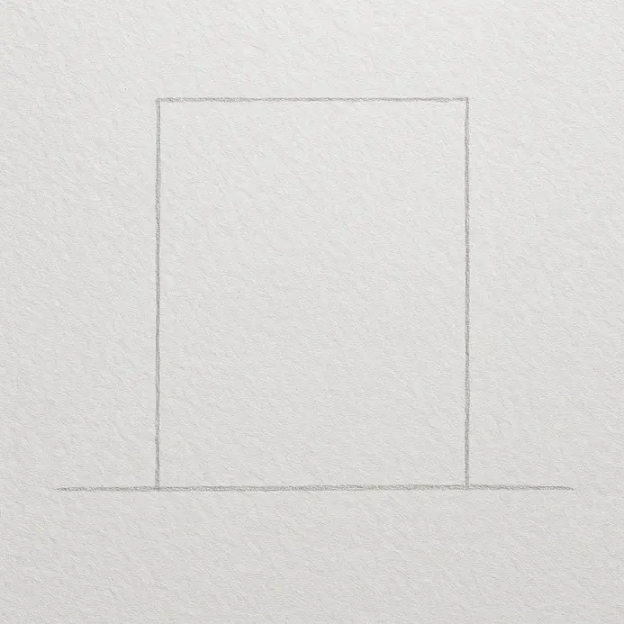 A large upright rectangle drawn in light pencil sitting cleanly on the straight horizontal ground line.