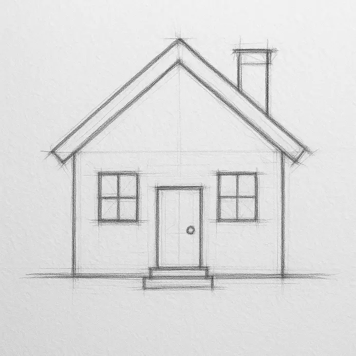 Crisp black pen ink tracing the clear outlines of the entire house, roof, chimney, windows, and door structure.