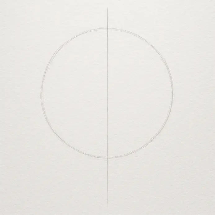 A vertical pencil line passing through the center of a large, lightly drawn circle forming the lollipop head.
