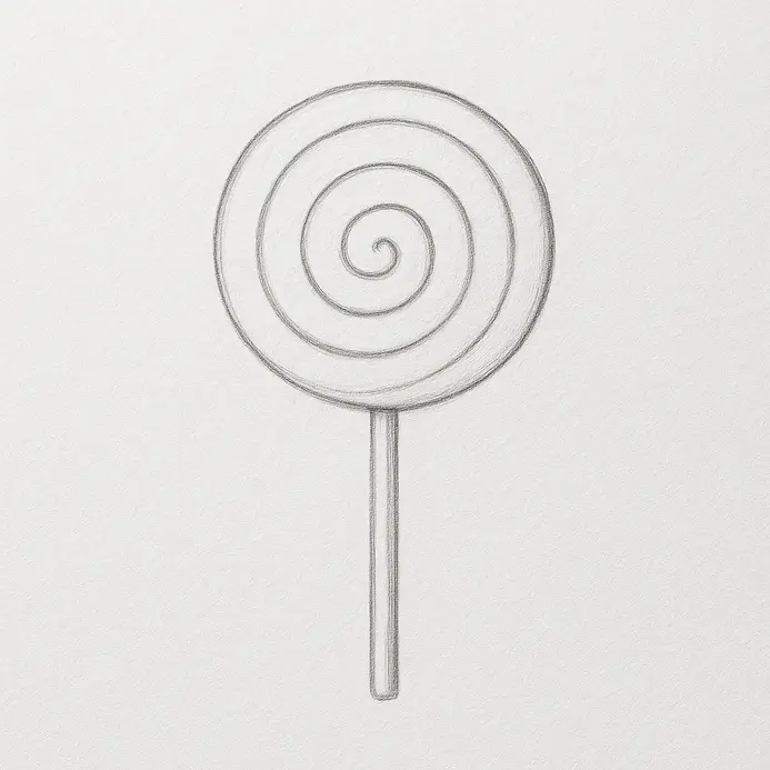 A refined pencil outline of a lollipop with a thick parallel stick, circular head, and clear spiral swirl, without overlapping guide lines.