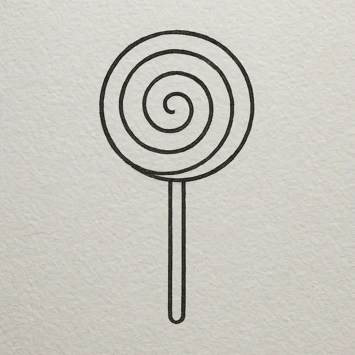 A clean black fineliner tracing over the lollipop outline, parallel stick, and internal spiral swirl on white paper.