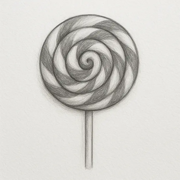 An inked and shaded lollipop filled with bright pink and red coloring along the spiral swirl, contrasting the white paper background.