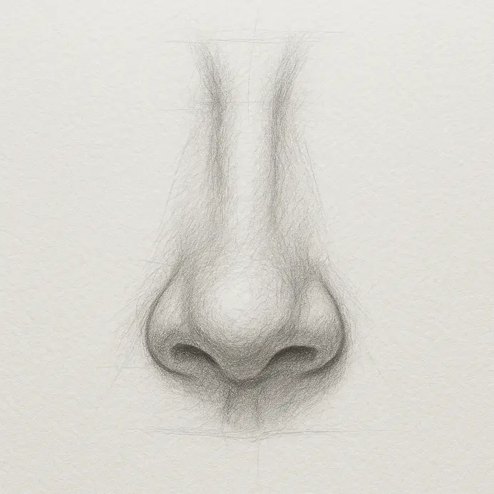 A pencil drawing of a nose with shading on one side of the bridge, under the tip, and around the wings.