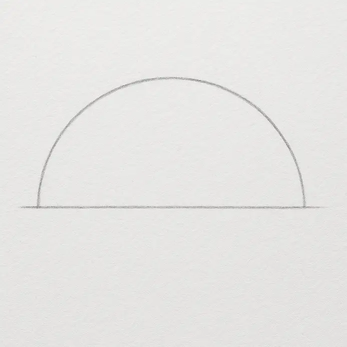 A large sweeping semicircular pencil arc resting symmetrically on the horizontal base line on white paper.