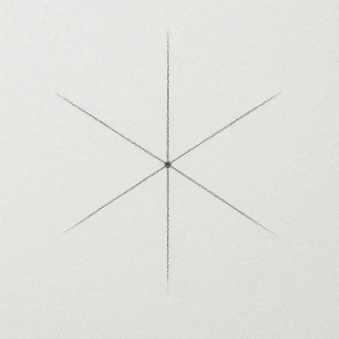 A light pencil sketch with six evenly spaced straight lines radiating from the center dot on white paper.