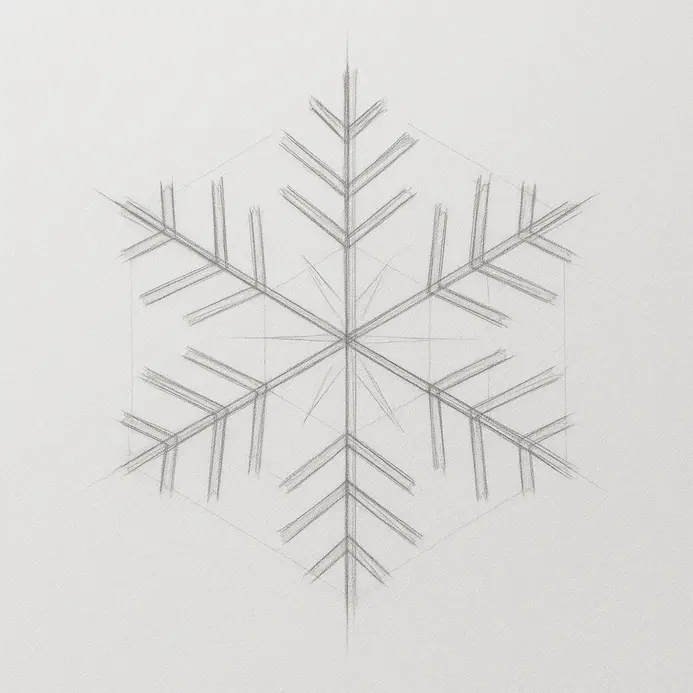 A snowflake sketch with matching side branches repeated on all six arms, still drawn lightly in pencil.
