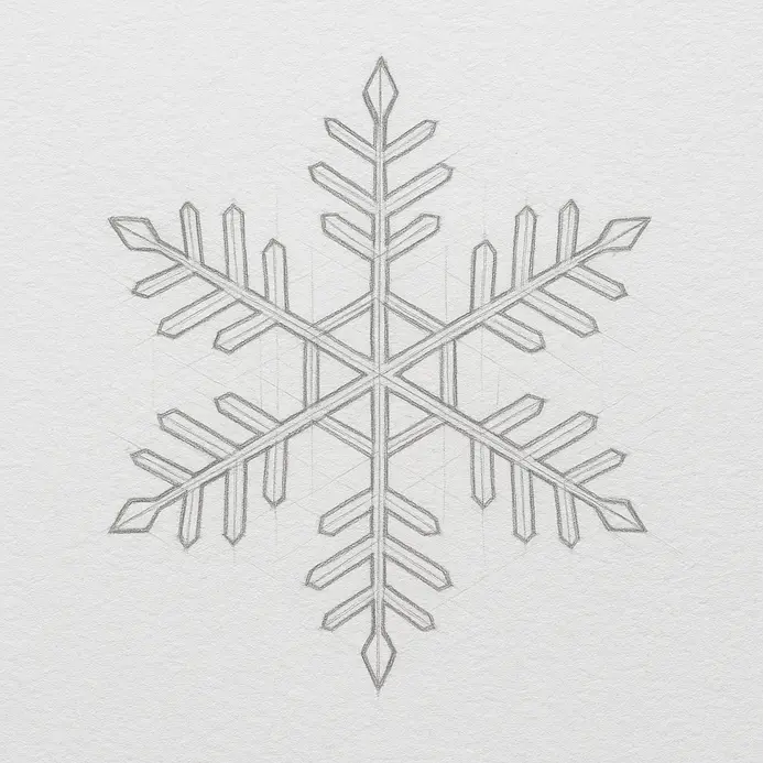 A pencil drawing of a snowflake with widened outer tips and cleaner crystal-like endings on each arm.