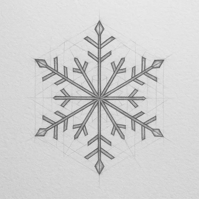 A snowflake sketch with darker inked lines traced over the pencil structure, while guide marks remain visible.