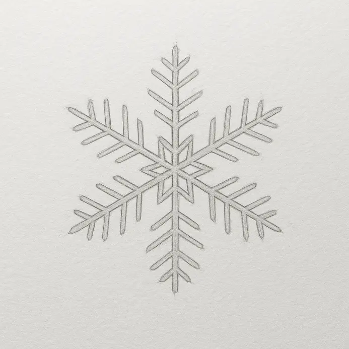 A mostly clean inked snowflake on white paper with faint erased pencil guides still barely visible.
