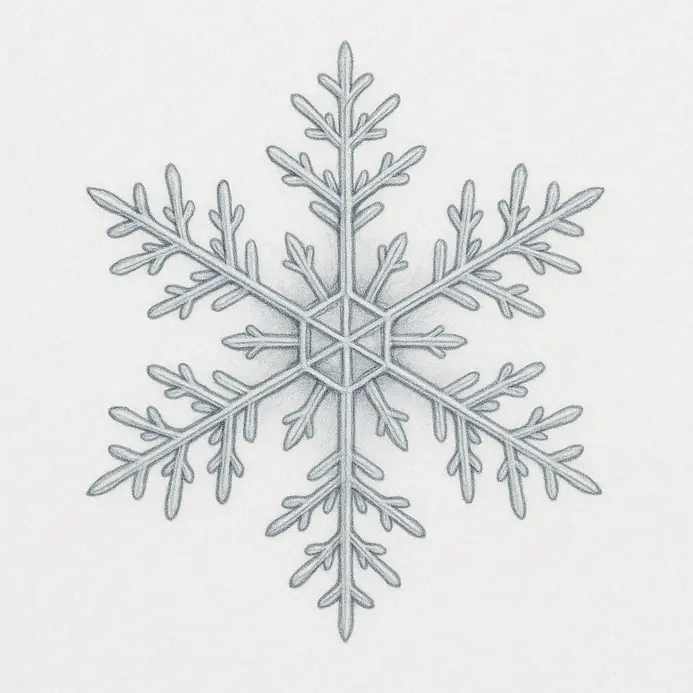 A finished snowflake drawing with clean lines and light blue-gray shading adding depth on white paper.