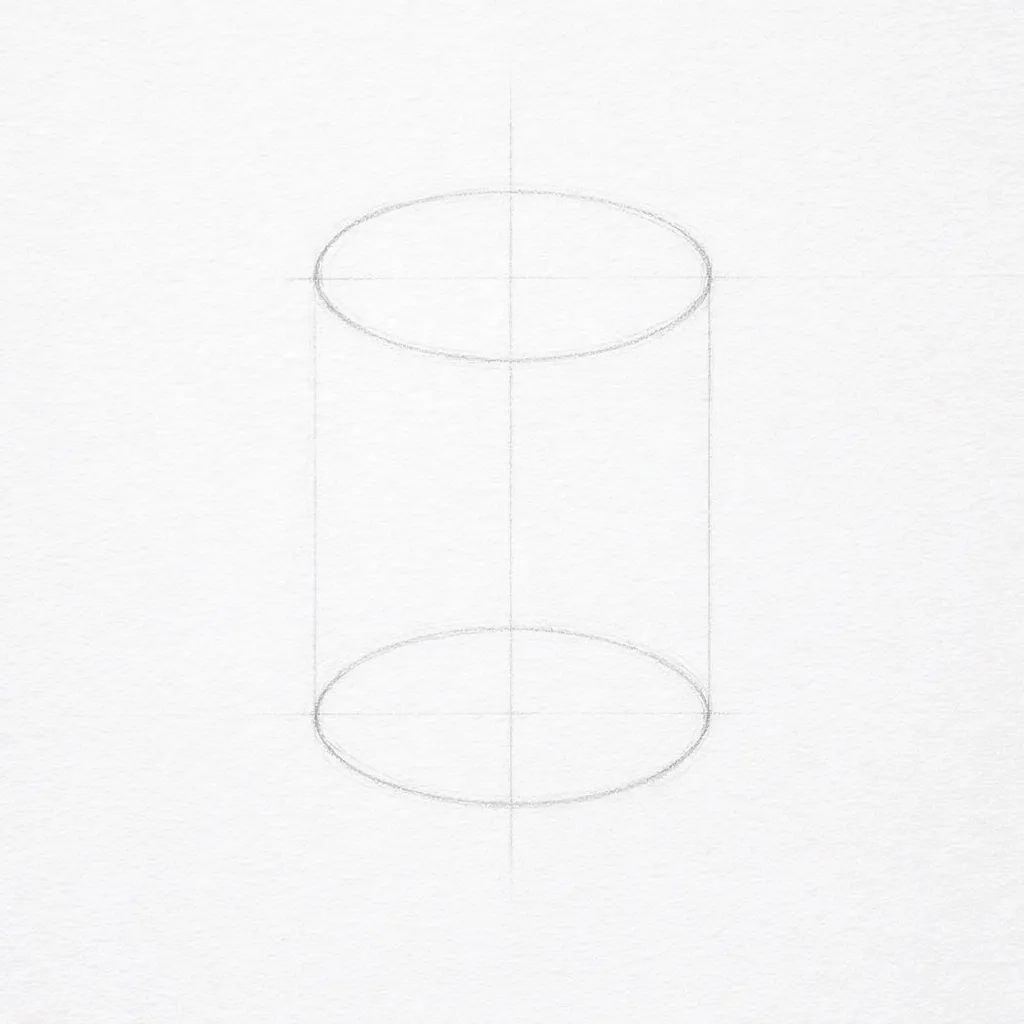 A light pencil sketch showing a vertical line flanked by two overlapping ovals on white paper.