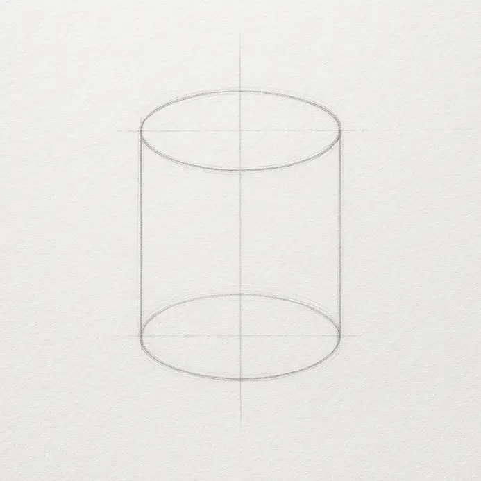 A pencil drawing of a simple cylinder created by connecting two ovals with straight parallel lines.