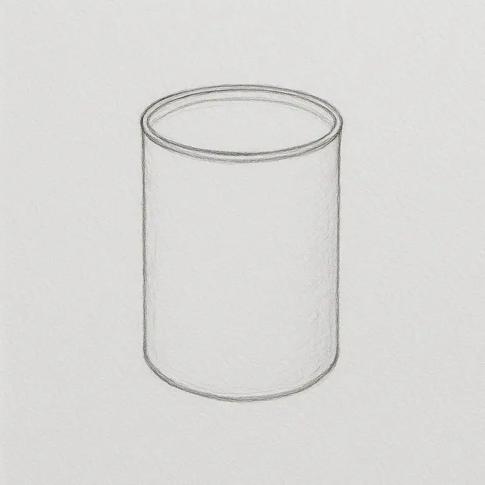 A pencil sketch of a cylinder with a defined top rim and a smaller inner ellipse for the recessed lid.