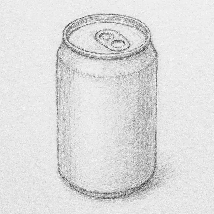 A pencil drawing of a can cylinder with a small, curved pull tab added to the recessed lid area.
