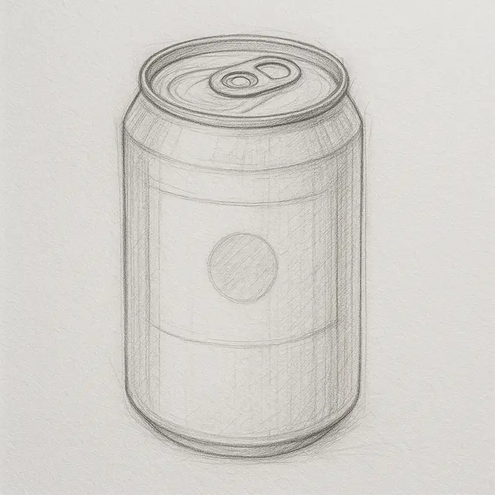 A pencil sketch of a soda can with a rectangular label area drawn around its midsection.